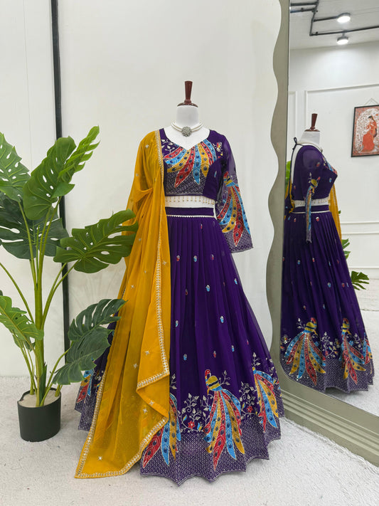 Wedding Special Faux Georgette Multi Color Thred Work Lehenga Choli