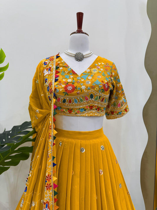 Wedding Wear Yellow Faux Georgette Thread With Sequence Lehenga Choli