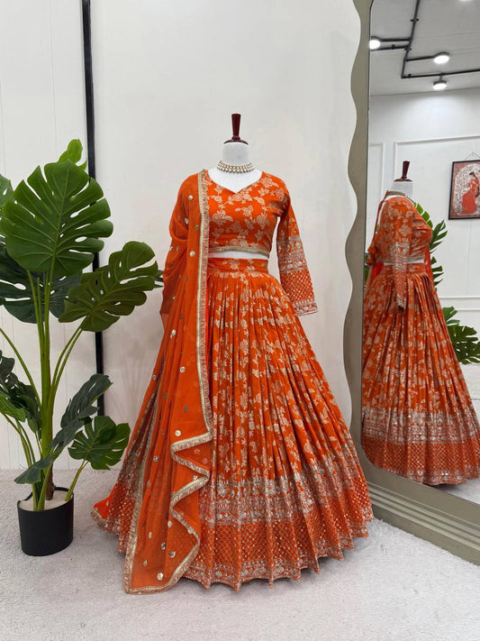 Buy Beautiful Wedding Wear Orange Color Jequared Silk Lehenga Choli
