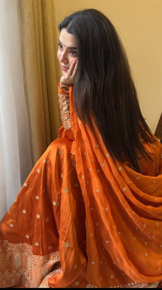 Now Trending Best Rust Orange silk lehenga Set